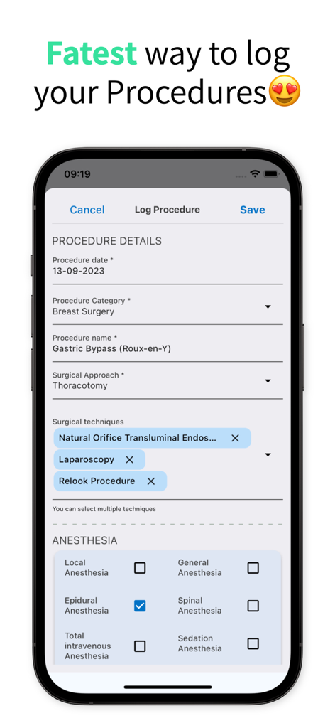 Surgeonal(Surgical Logbook) - Mobile interface of Surgeonal app for logging surgical procedures with fields for name approach and anesthesia