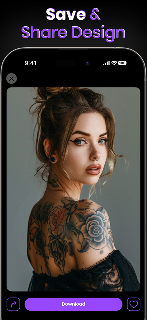 Ink Ai Tattoo Design Generator - Ink Ai app interface showing a floral tattoo design preview on a woman with a download button