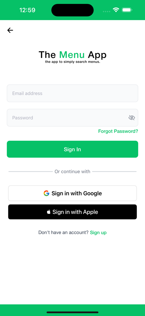 Pantalla de inicio de sesión de la app de menús con opciones de inicio de sesión por correo electrónico y redes sociales
