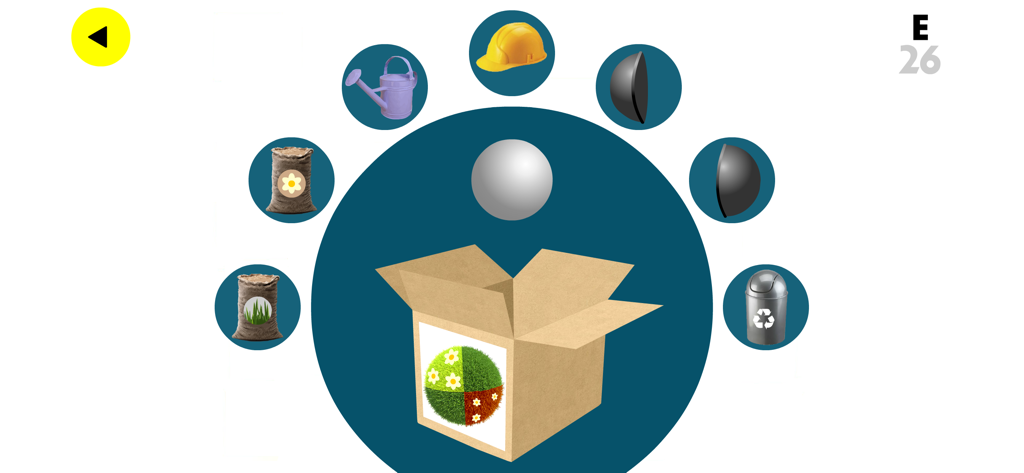 Factory Balls - A gameplay screenshot of Factory Balls showing a white ball above a shipping box with a target design surrounded by various crafting tools.