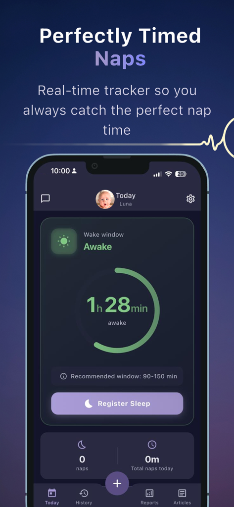 Nana: Baby Sleep Coach - Nana app interface showing a real time wake window tracker and sleep registration button for babies