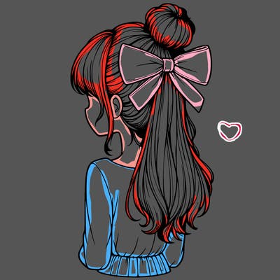 realistic girl  with hip length hair a bun and a big bow on the back of head