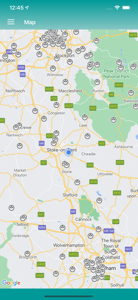 Warmshowers App - A map interface in the Warmshowers app displaying numerous host icons for bicycle touring across the United Kingdom