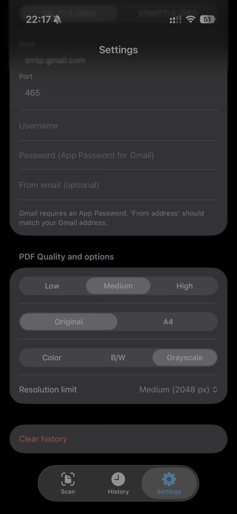 Quick Scan And Share - Quick Scan and Share settings screen for PDF quality and SMTP email configuration