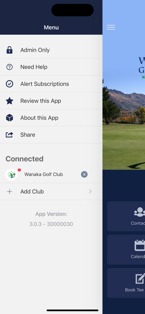 ClubAppsNZ - El menú lateral de la aplicación móvil ClubAppsNZ que muestra opciones para suscripciones de alertas y clubes conectados como el Club de Golf de Wanaka.