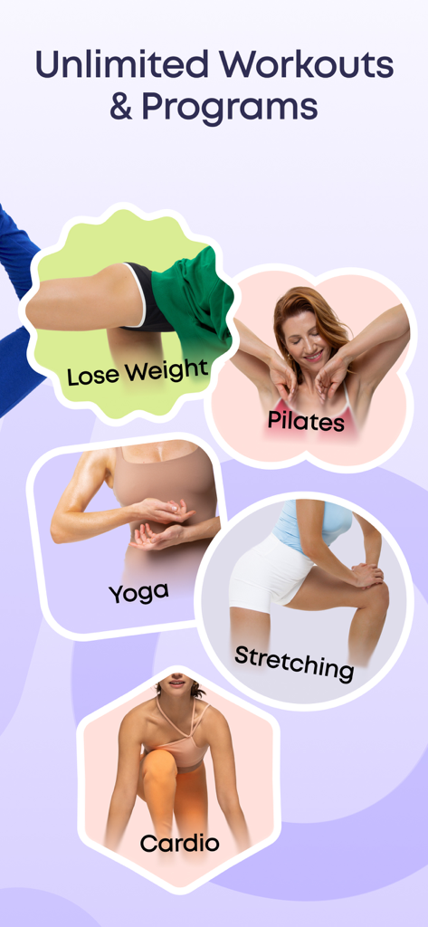 WOWBODY: Home Workout Women - WOWBODY app screen showing various workout categories for women including yoga pilates stretching and cardio