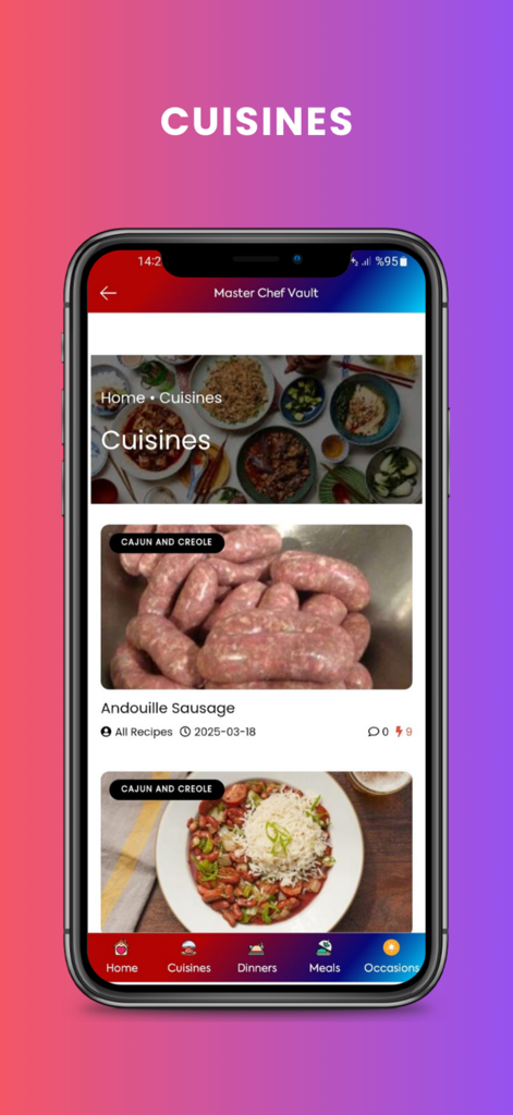 Master Chef Vault: Recipes - Interfaz de la aplicación Master Chef Vault mostrando recetas cajún y criollas en la categoría Cocinas.