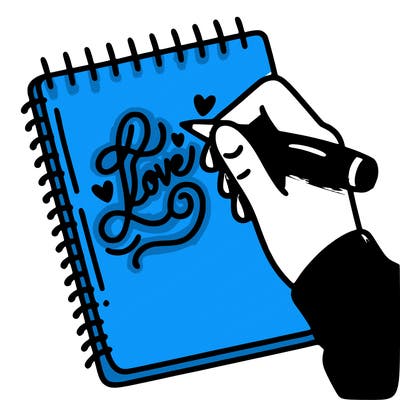 a hand writing “love” in calligraphy on a notebook