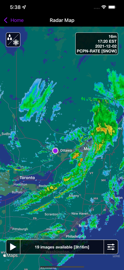 Canada Weather - La aplicación Canada Weather muestra un mapa de radar de los niveles de precipitación sobre Ottawa y el noreste de los Estados Unidos