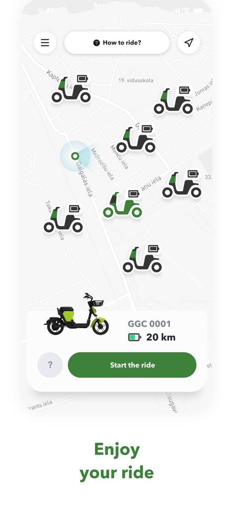 GGC - Green Mobility Solutions - Vista del mapa de la aplicación móvil GGC que muestra patinetes eléctricos disponibles y un botón para iniciar el viaje.