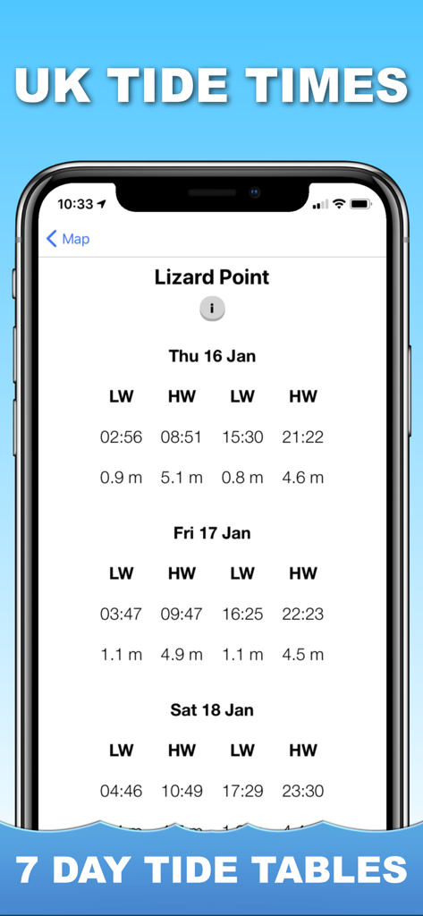 Tide Times UK - iPhone screenshot of Tide Times UK app displaying 7 day tide tables and heights for Lizard Point