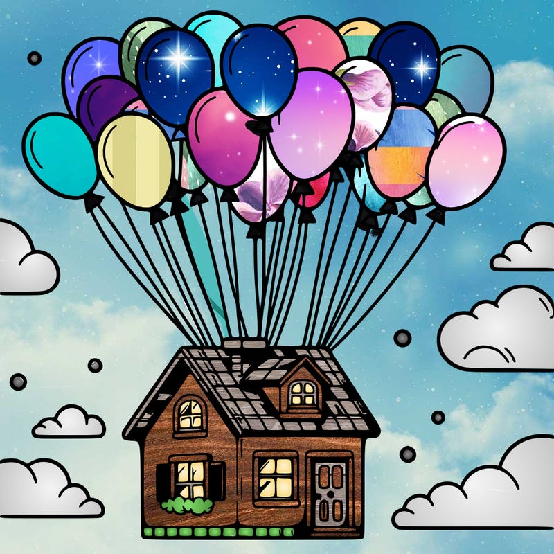 house floating from lots of balloons