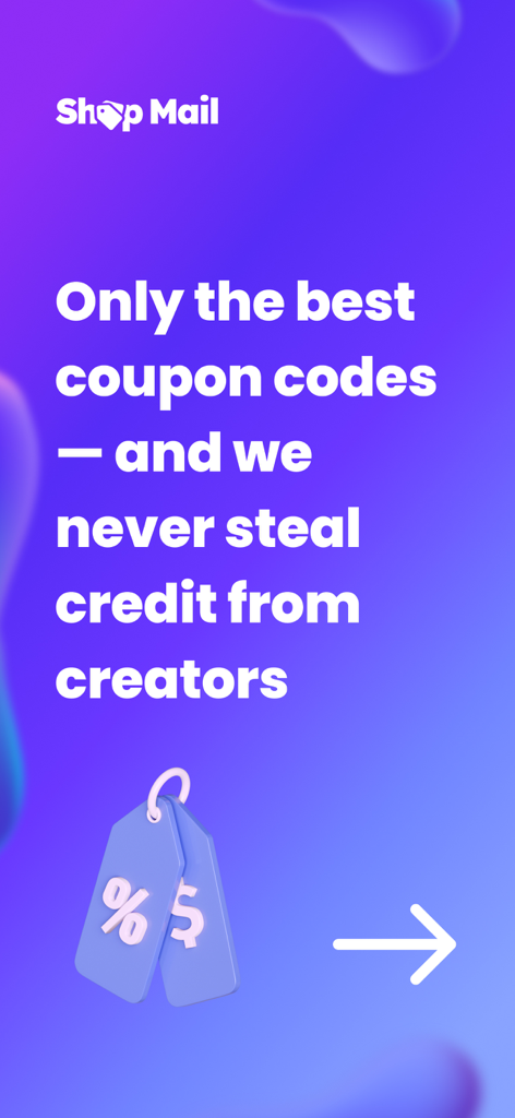 Shop Mail app screen promoting best coupon codes and ethical support for creators