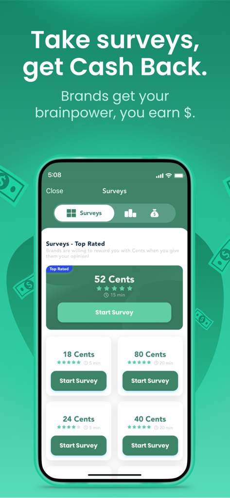 Pantalla de la aplicación móvil Checkout 51 que muestra opciones para ganar reembolsos completando encuestas.