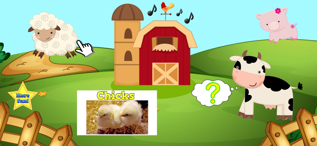 Educational farm game for toddlers with cartoon animals and real animal flashcards