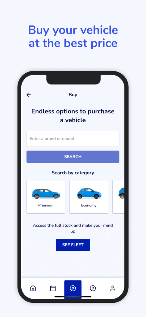 OK Mobility - Écran de l'application OK Mobility pour acheter des véhicules quasi neufs avec des options de recherche et de catégorie