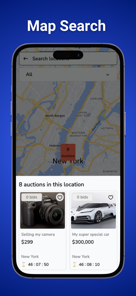 뉴욕시에서 카메라와 자동차와 같은 물건에 대한 동네 경매를 보여주는 Listiy 앱 지도 검색 인터페이스