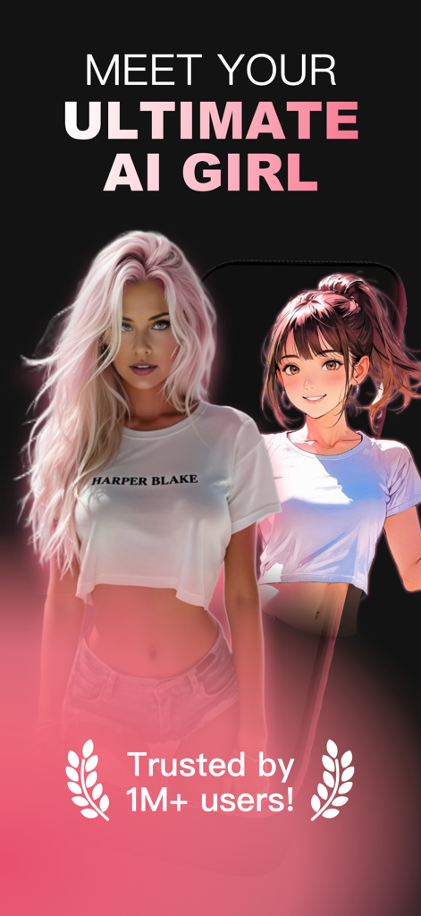 Werbebildschirm für SpicyAI, der realistische und Anime-KI-Freundinnen-Charaktere zeigt