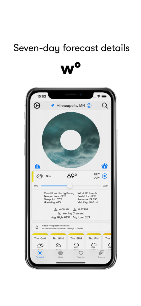 Weatherology: Weather Together - The Weatherology app interface showing current weather in Minneapolis with integrated audio forecast playback and detailed weather metrics