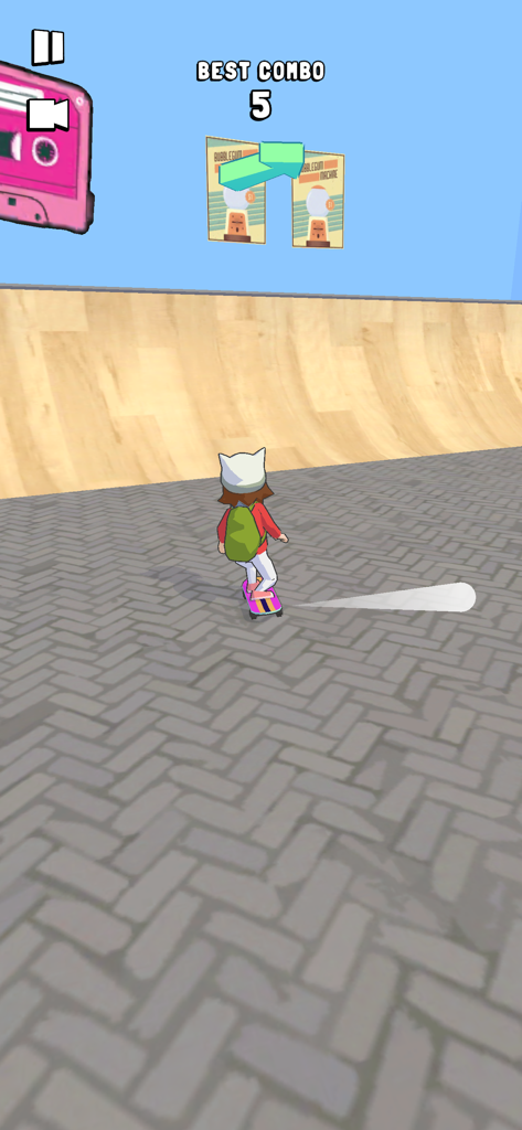 Perfect Grind - Um personagem com um chapéu de orelha de gato andando de skate em um park 3D estilizado no jogo mobile Perfect Grind.