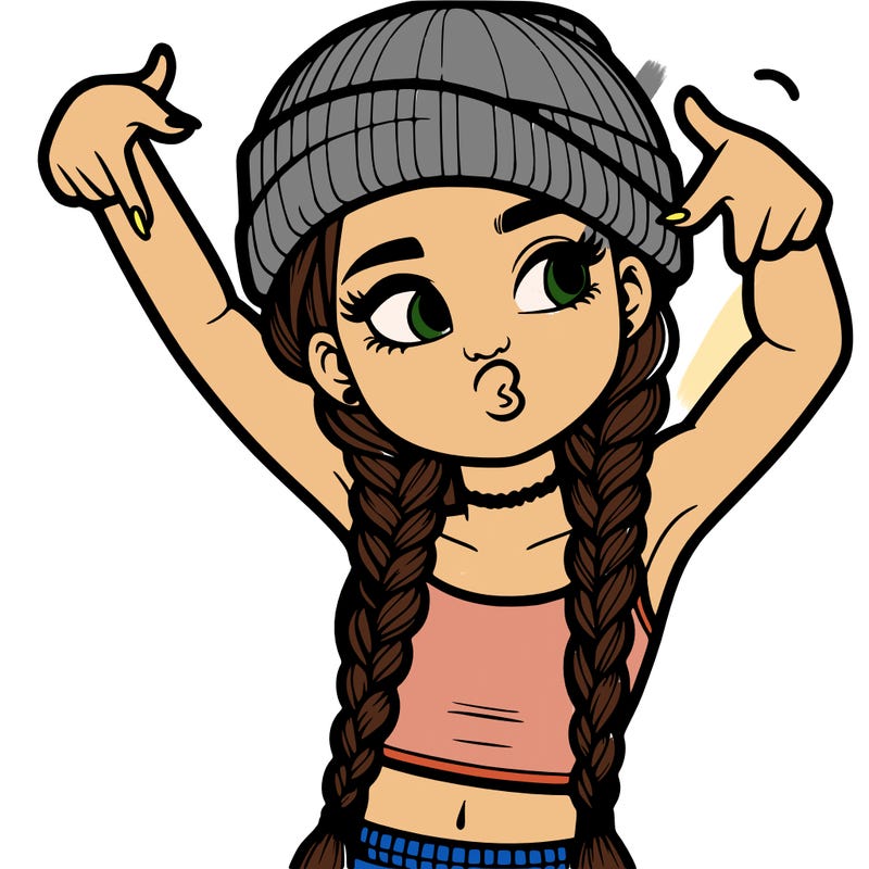 realistic teenage girl with braids and a beanie and crop top doing 🫶🏼
