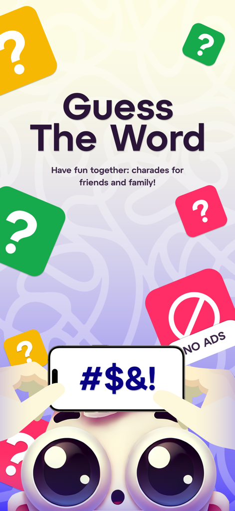 Charades - Guess Up The Word! - Una colorida pantalla de la aplicación de un juego de charadas que presenta a un personaje sosteniendo un smartphone en la frente para adivinar la palabra.