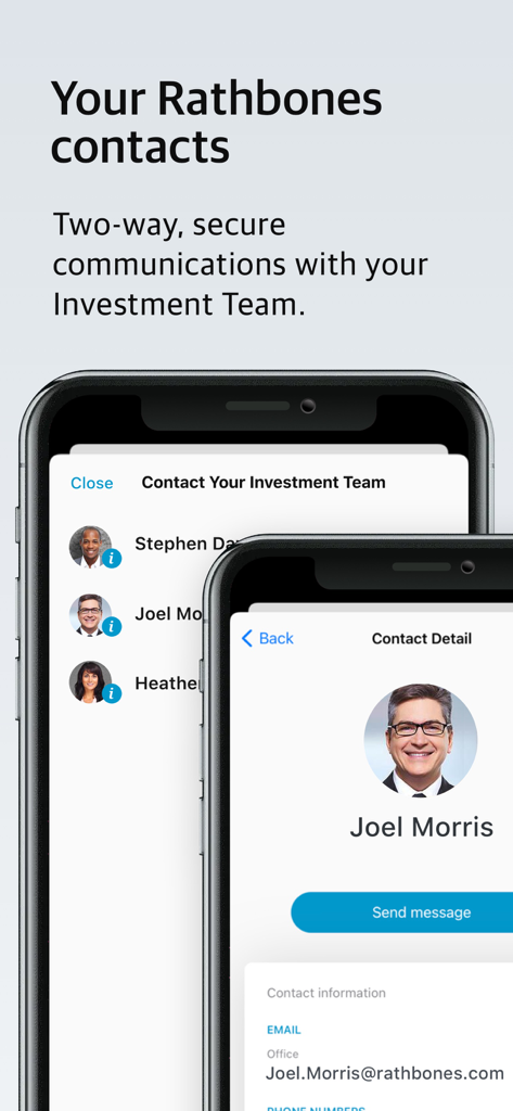 Interface of the MyRathbones app showing contact options and secure messaging with an investment advisor