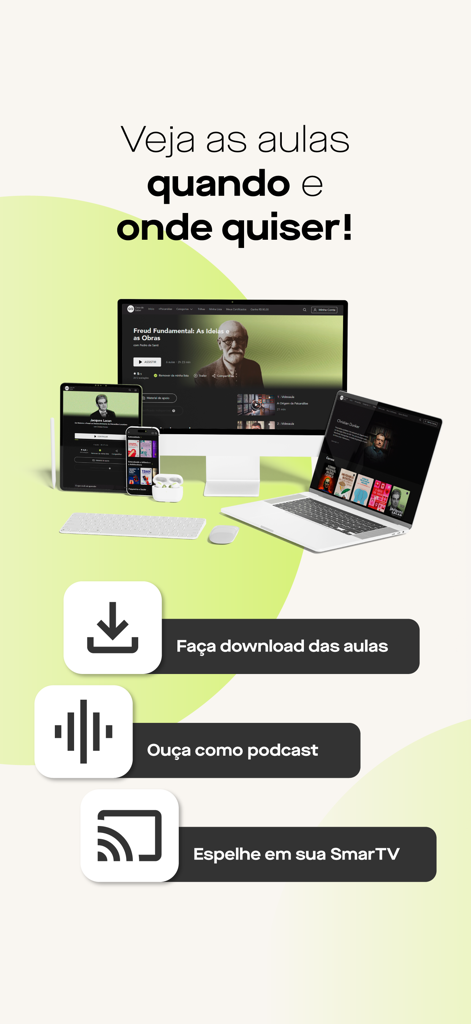 데스크톱, 노트북, 태블릿, 스마트폰에 표시된 Casa do Saber 앱으로 오프라인 다운로드 및 TV 캐스팅과 같은 기능 강조