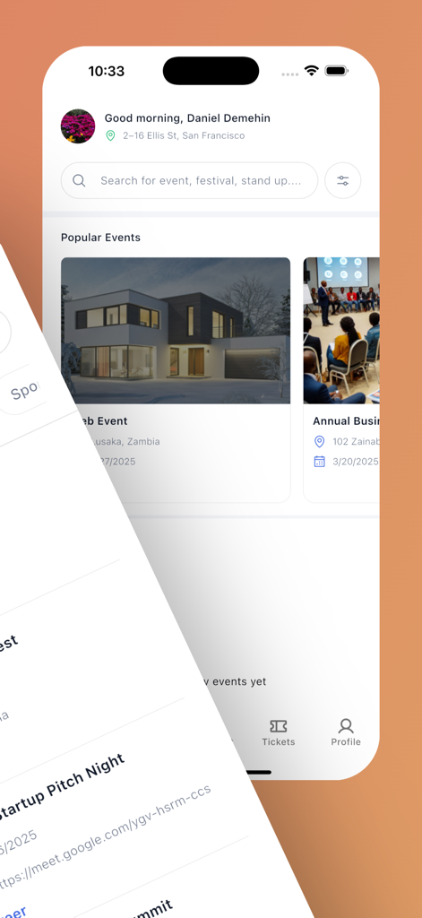 Chepa Ticket - Interface do aplicativo Chepa Ticket exibindo eventos e festivais populares na Zâmbia
