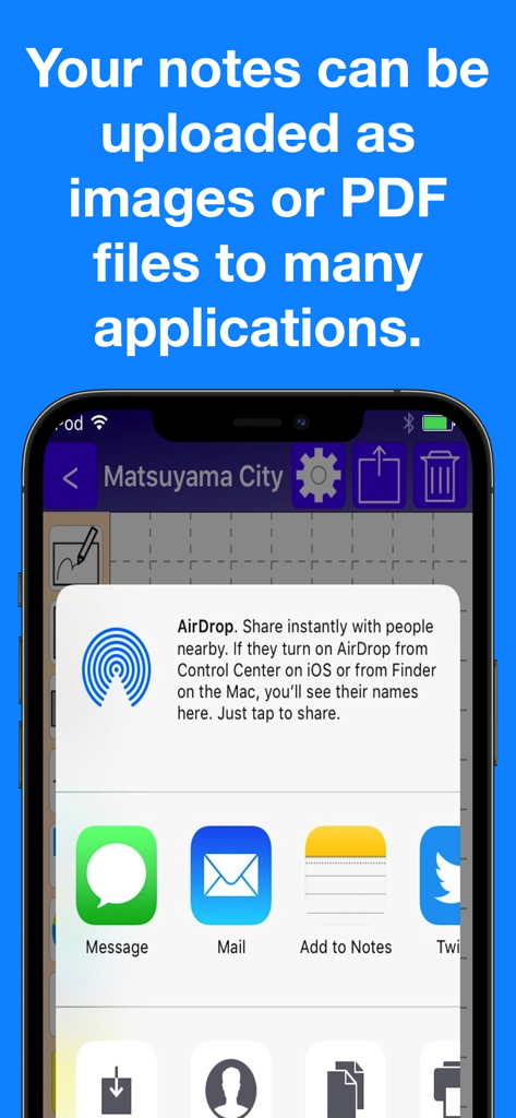 iPhone screen showing the share menu in Pocket Note Pro for exporting notes as PDF or images via AirDrop, Mail, and other apps.
