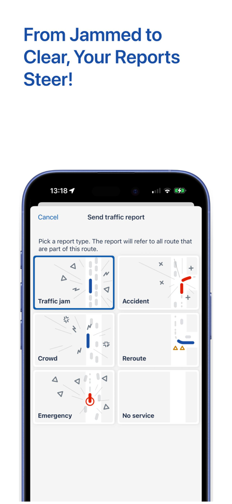 Oberfläche der ZET info App mit Optionen zum Melden von Vorfällen im Verkehr wie Staus, Unfällen und hohem Fahrgastaufkommen