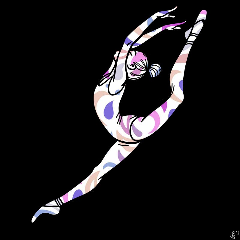 gymnast doing a leap in a leotard with a bent back leg