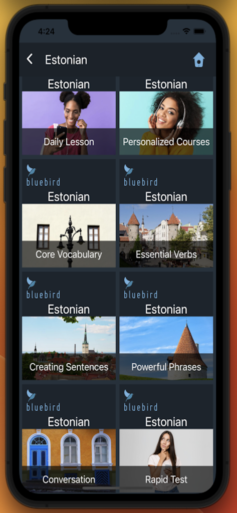 Bluebird: Learn Estonian - Interfaccia dell'app Bluebird che mostra moduli del corso di lingua estone come Lezione del giorno e Vocabolario di base