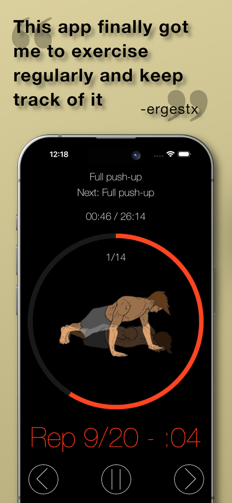 Interface do app Calisthenics Mastery mostrando um treino de flexão com contador de repetições e cronômetro de progresso