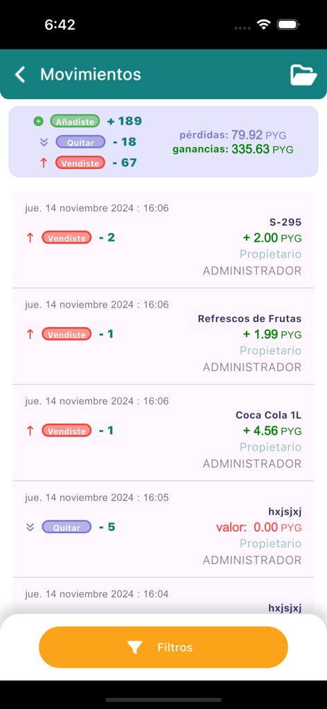 Inventario Facil - Pantalla móvil que muestra el historial de transacciones de inventario, incluidos artículos vendidos, añadidos y estadísticas de ganancias.