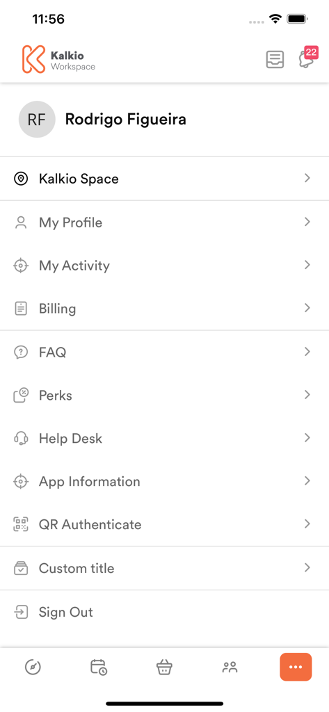 Passport by Nexudus - User profile settings menu in the Passport by Nexudus coworking app showing billing and perks options