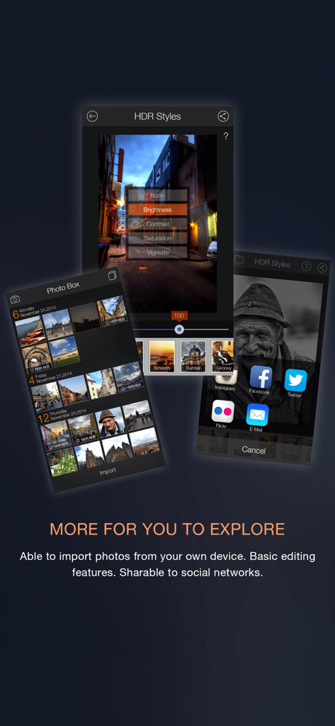 Oberfläche der Fotor HDR App mit Fotoverwaltung, Bearbeitungsstilen und Social-Sharing-Optionen