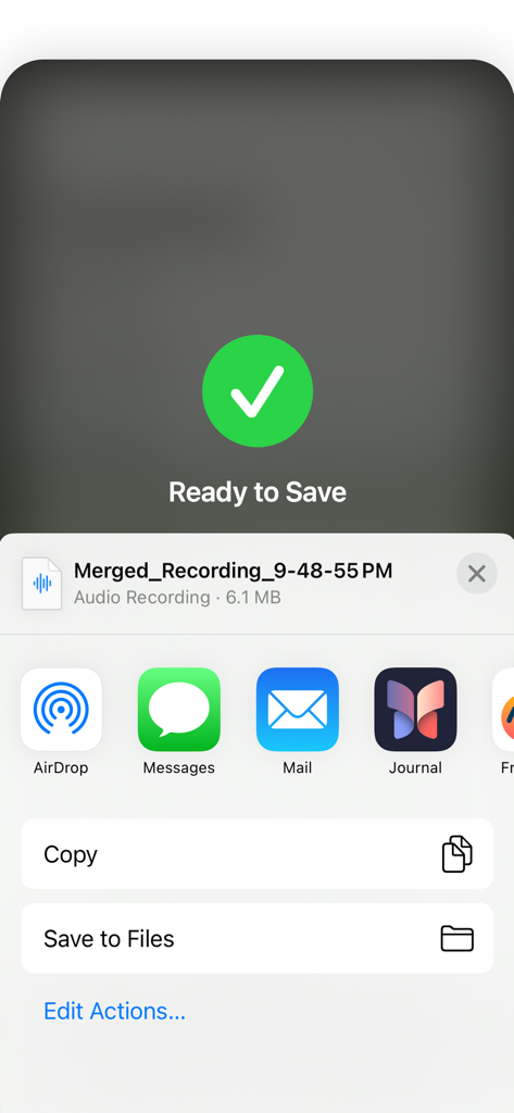 Voice Memos - Merge - iOS share sheet showing a successfully merged audio recording file ready to be saved or shared