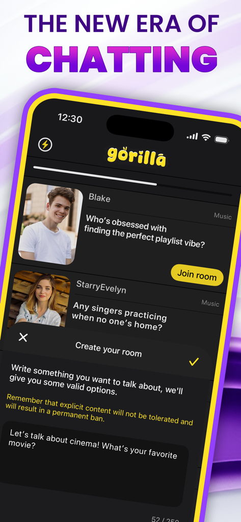 Gorilla Chat: Live Social - Smartphone screen of Gorilla Chat showing live social chat rooms and a new room creation feature with AI suggestions.