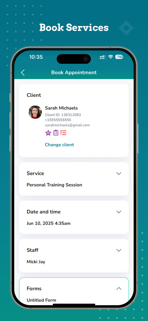 WellnessLiving Elevate staff app interface for booking a personal training session for a client