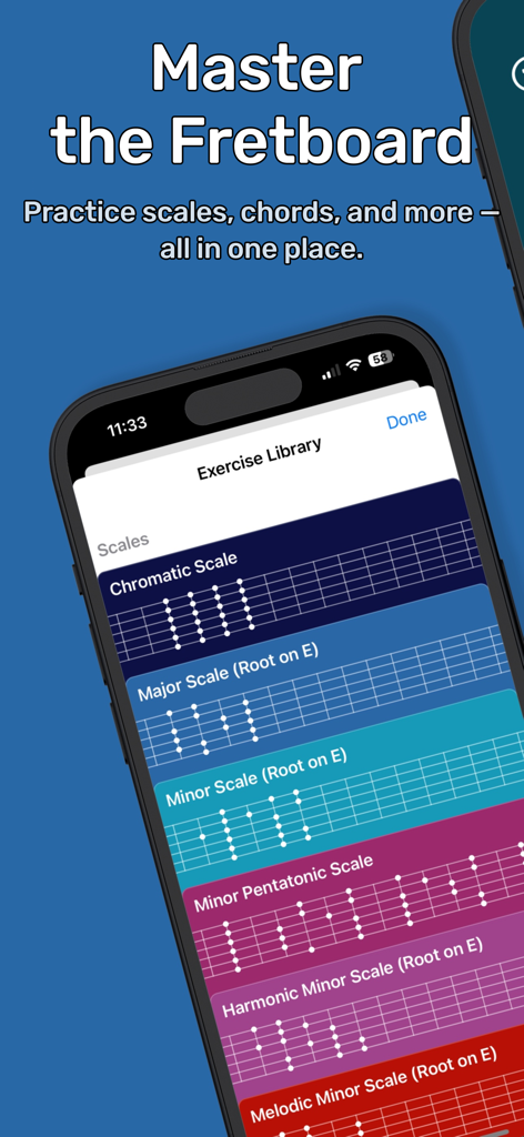Guitar Scales: GuitarTime - GuitarTime app interface showing a library of guitar scales with fretboard patterns.
