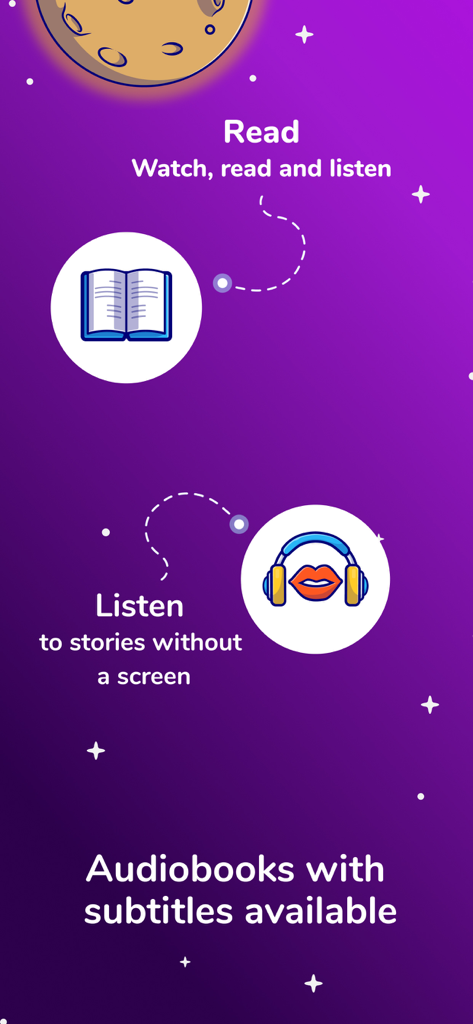 Kidjo Stories & Audio for kids - Interface of Kidjo Stories app highlighting read and screen-free listen features for kids audiobooks.