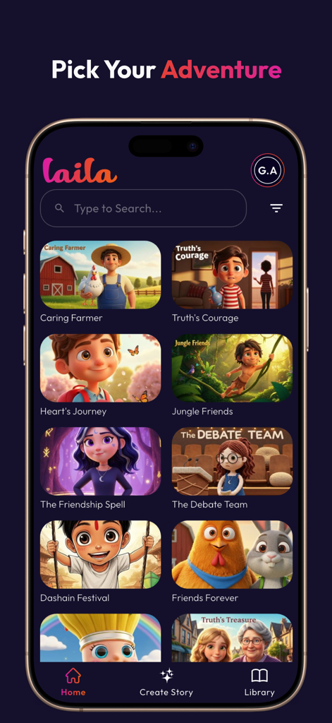 Laila: AI-Powered Storytelling - Library of AI-generated animated stories in the Laila app interface