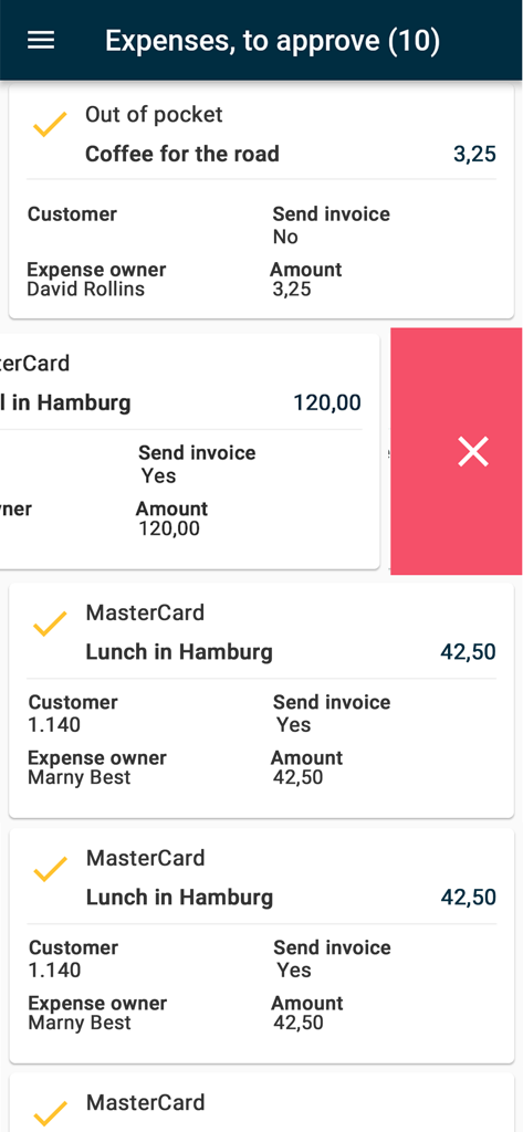 Next® Go - Interfaz móvil de Next Go que muestra una lista de gastos para aprobar con una acción de deslizar para rechazar una entrada.