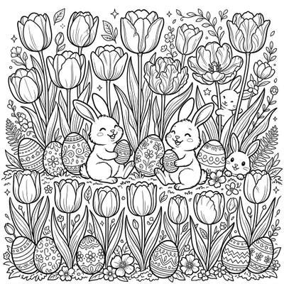 Welcome the joys of spring and Easter with this delightful coloring page featuring cheerful bunnies among a field of beautiful tulips. This intricate design offers hours of creative relaxation for all ages.