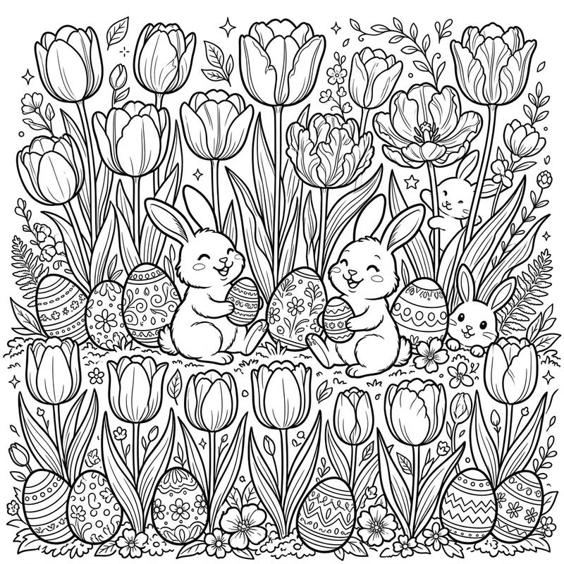 Welcome the joys of spring and Easter with this delightful coloring page featuring cheerful bunnies among a field of beautiful tulips. This intricate design offers hours of creative relaxation for all ages.