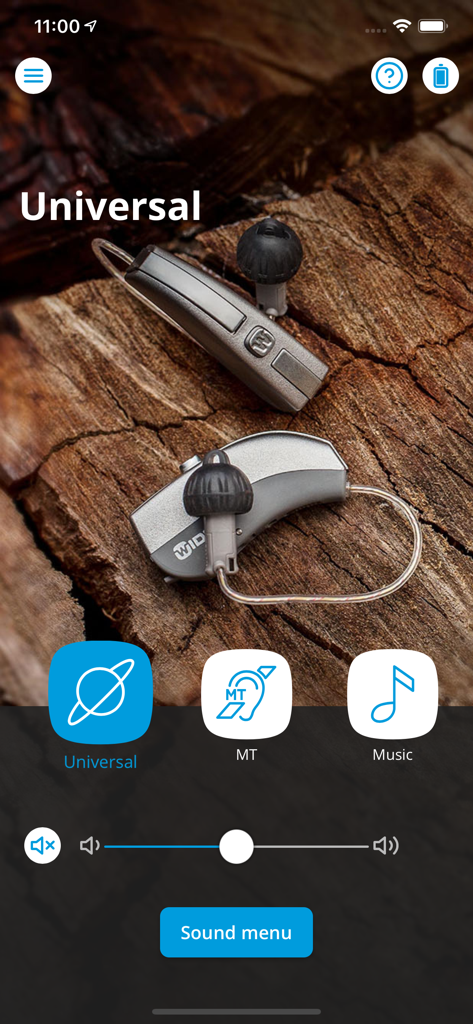 Main screen of the WIDEX EVOKE app showing hearing aid program options and volume slider