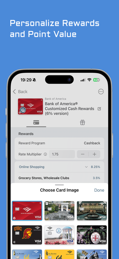 RewardRadar: Credit Cards - A screenshot of RewardRadar showing how to customize credit card reward rates and choose between different card images.