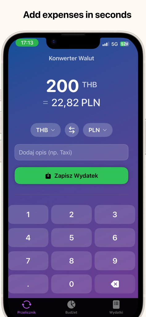 Currency Converter - Widget - Interface of the Currency Converter app showing a screen to quickly add and save travel expenses with instant currency conversion