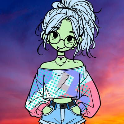 girl with a messy ponytail glasses a baggy crop top and jean shorts